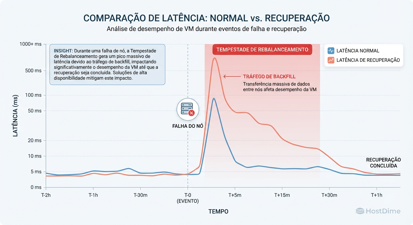 O Custo da Cura: O impacto na latência de escrita das VMs quando o Ceph inicia o processo de backfill para recuperar a redundância.