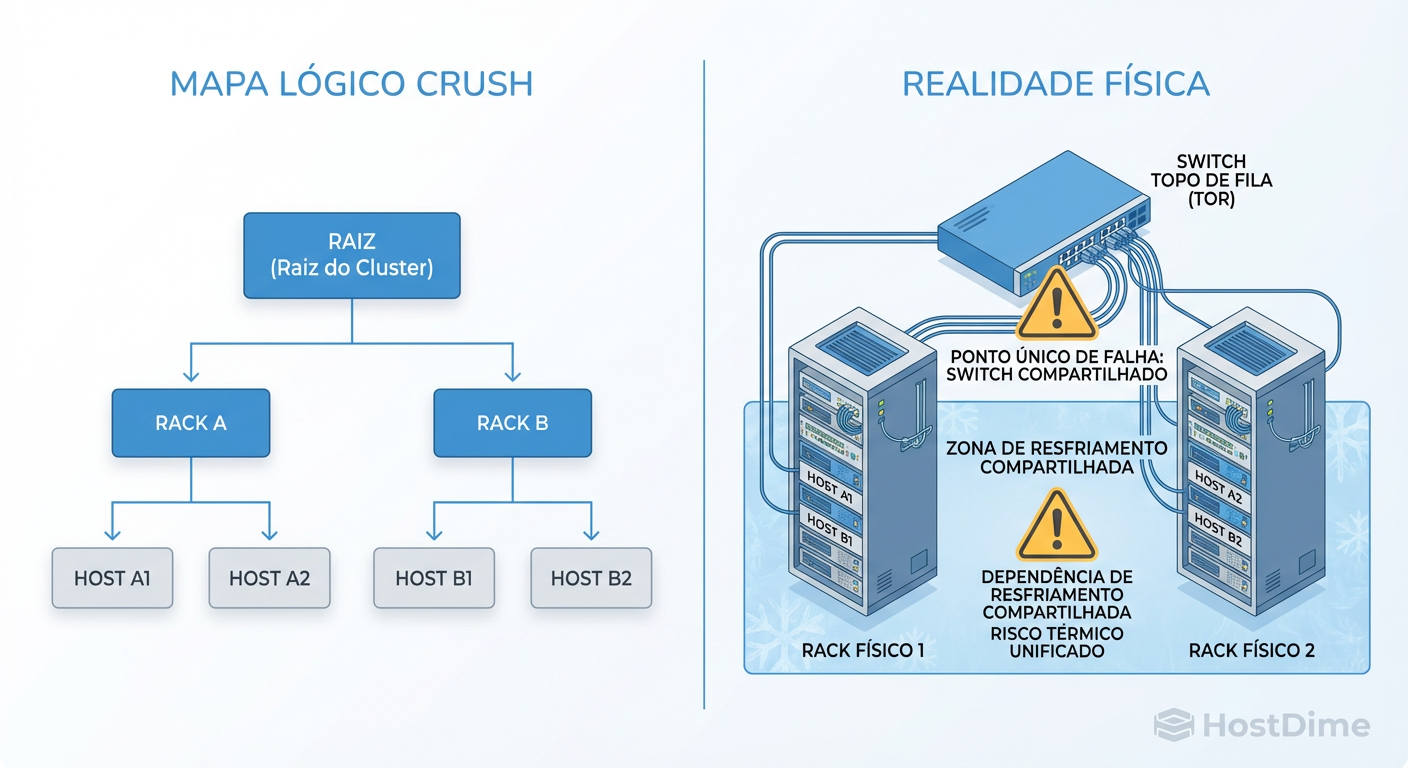 Mapa Lógico vs. Realidade Física: O CRUSH map só protege contra o que ele conhece. Dependências ocultas (switch de agregação, disjuntores) criam domínios de falha compartilhados.
