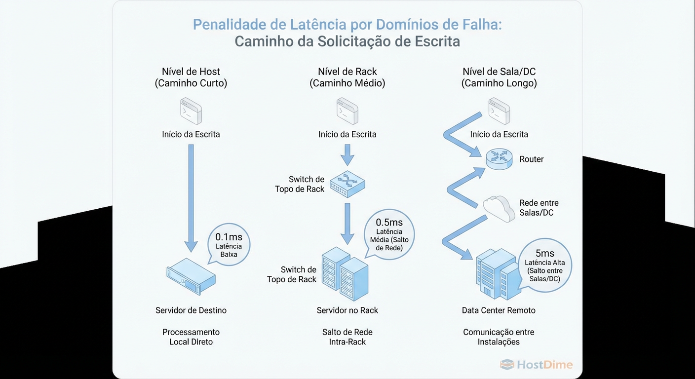 O Custo da Distância: Quanto maior o domínio de falha, maior a latência de gravação. A física é implacável.