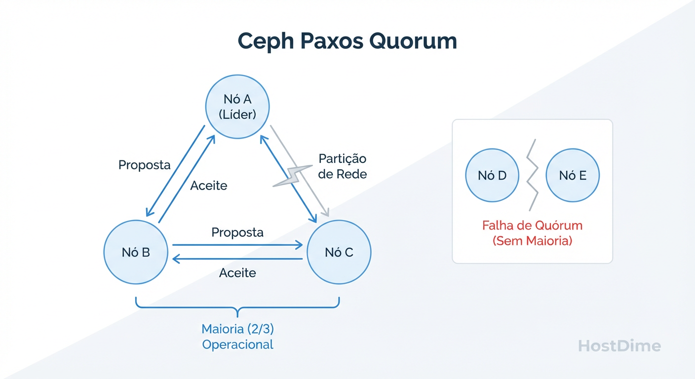 Diagrama de Consenso Paxos: Como a partição de rede afeta a maioria simples e por que números ímpares são matematicamente obrigatórios.