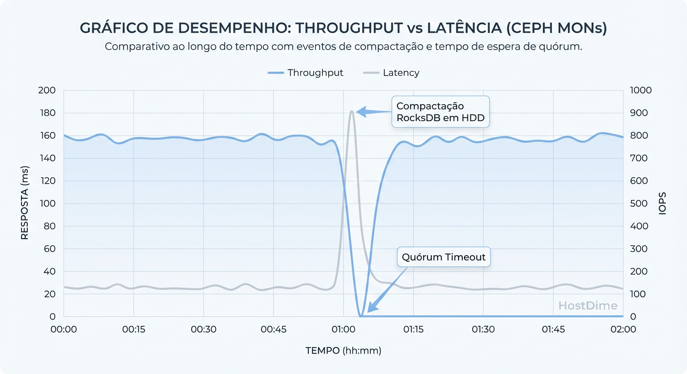 O Efeito da Latência no Quorum: Gráfico demonstrando como picos de latência de disco no MON bloqueiam o IO do cluster inteiro, mesmo sem falha de hardware.