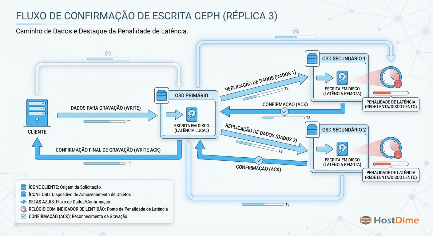 O Caminho do Write: O cliente só recebe 'OK' quando todos os OSDs confirmam.