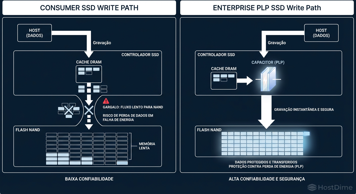 O Efeito PLP: Por que SSDs de consumo engasgam com writes síncronos do Ceph.