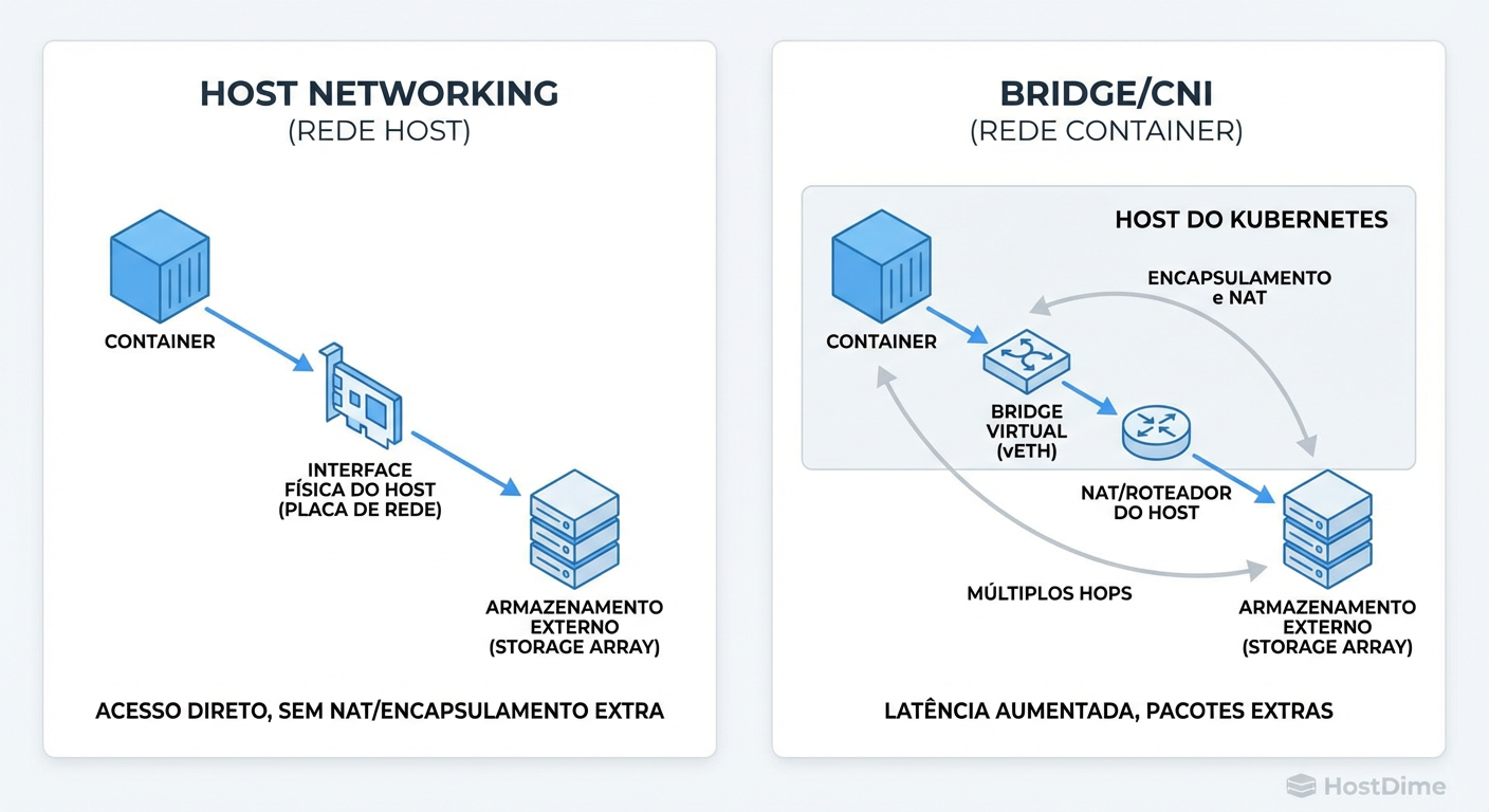 O verdadeiro vilão da latência: Comparação entre Rede Host (acesso direto) e Bridge/CNI (encapsulamento desnecessário para storage).