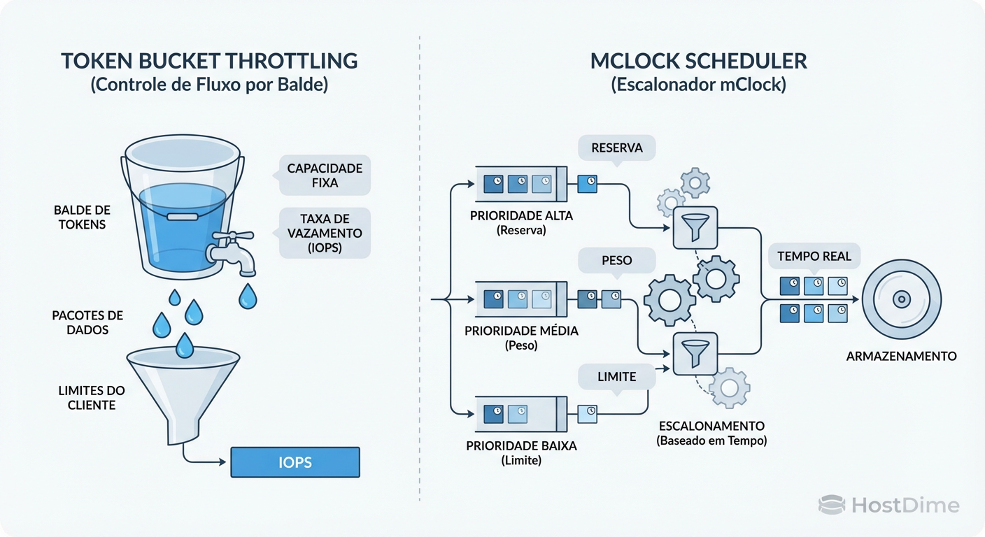 A Ilusão vs. A Realidade: Throttling no cliente apenas segura o tráfego, enquanto o Scheduler no OSD (mClock) realmente organiza a disputa pelo disco.