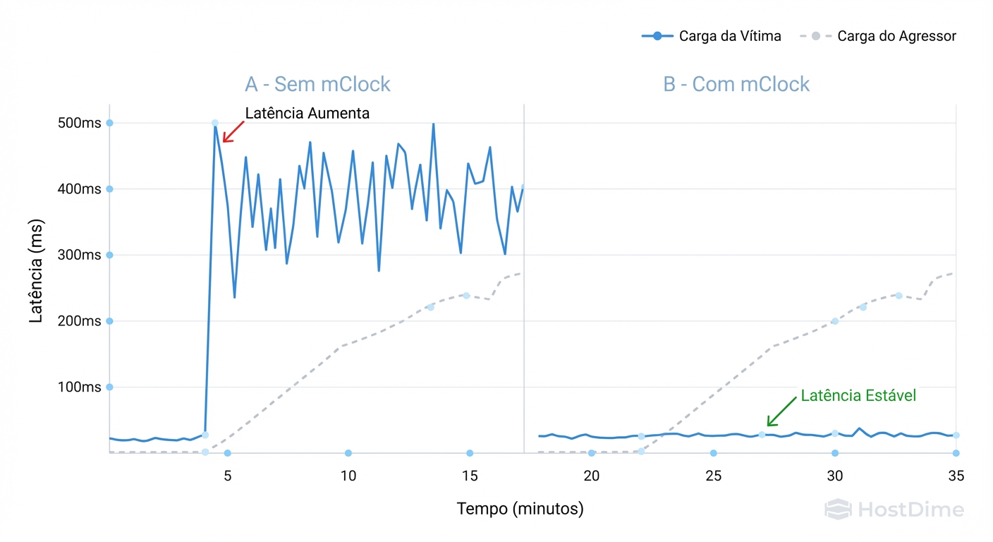 Evidência de Isolamento: O impacto do algoritmo mClock na estabilidade da latência de uma carga de trabalho sensível quando atacada por um vizinho barulhento.