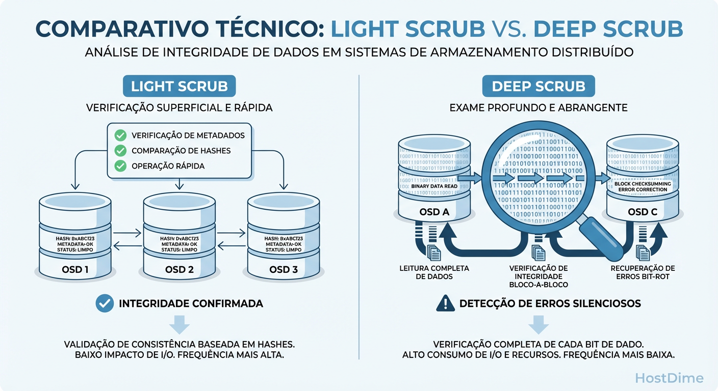 Diferença de impacto: O Scrub valida metadados (rápido), o Deep Scrub valida o conteúdo (caro).