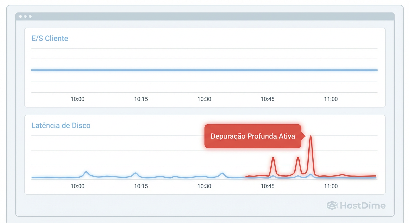 O custo oculto: Correlação entre atividade de Deep Scrub e picos de latência no disco.