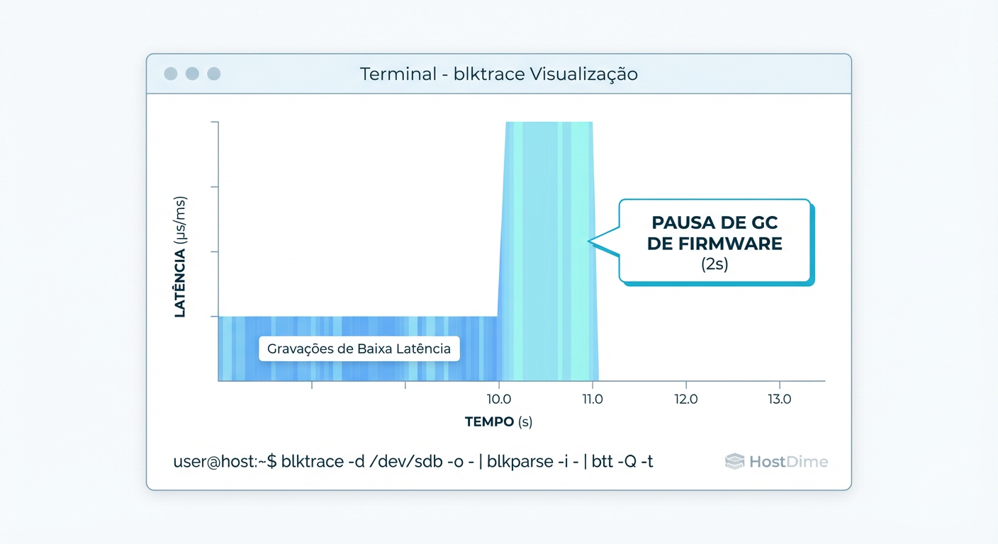 Evidência real: Um traço de I/O mostrando uma pausa de 2 segundos causada pelo controlador do SSD ignorando comandos para limpar blocos.