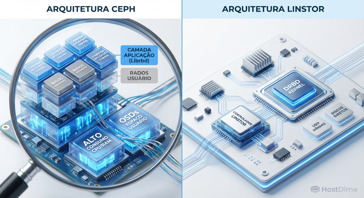 Comparativo visual da pilha de software: A complexidade do Ceph em userspace versus a eficiência do Linstor/DRBD no kernel.