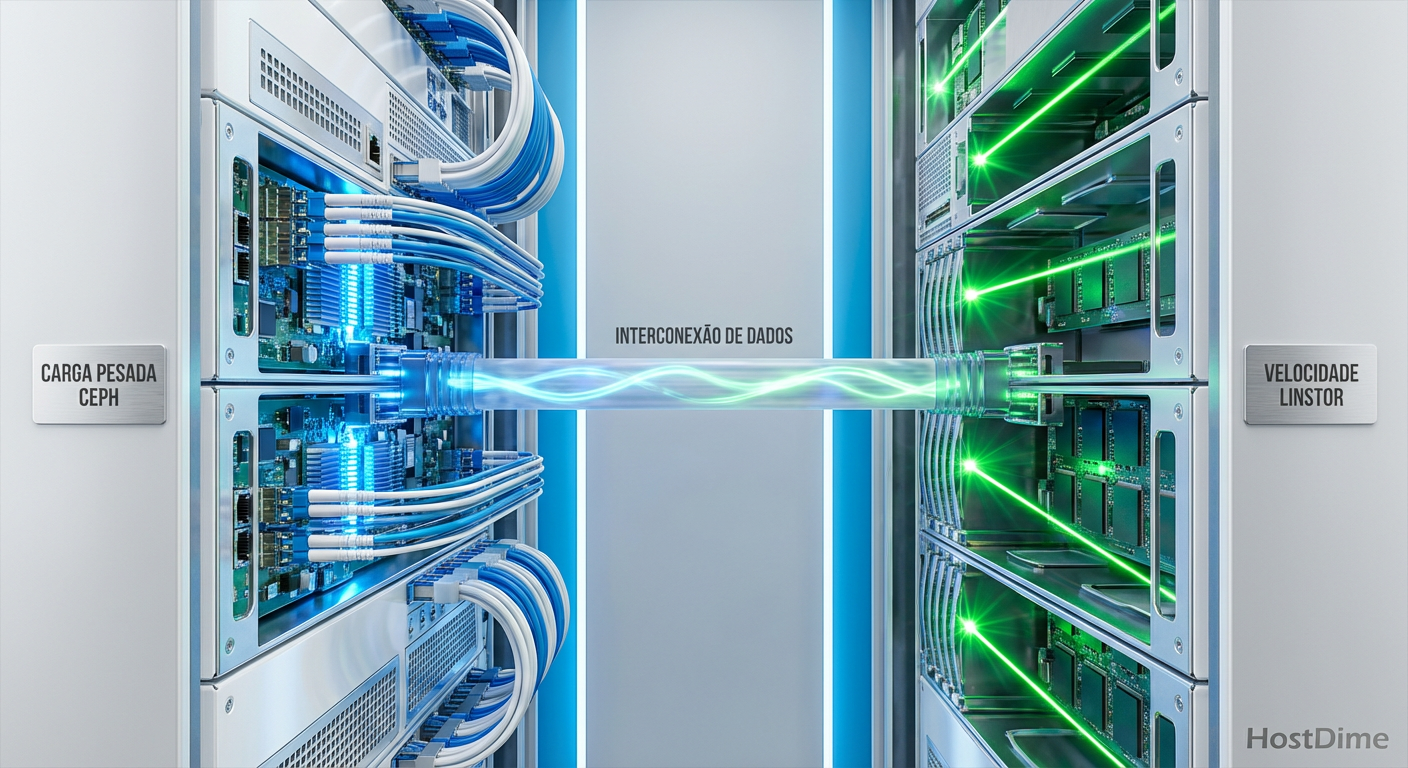 Representação artística: A densidade do Ceph versus a velocidade cirúrgica do Linstor.