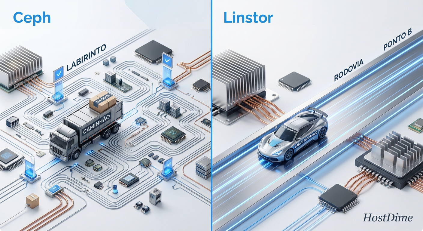 Comparação visual do caminho de dados: O labirinto burocrático do Ceph vs a autoestrada direta do Linstor.