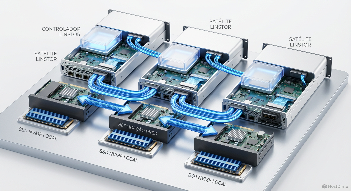 Arquitetura do Linstor em um cluster de 3 nós: O Controller gerencia, os Satellites executam e o DRBD garante a replicação no nível do disco.