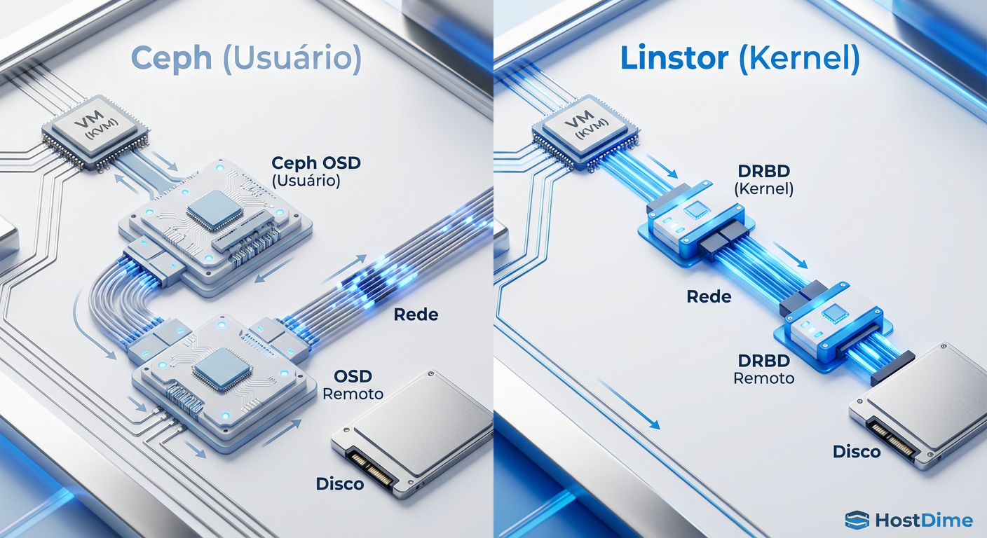 Comparativo visual do caminho de dados (I/O Path): A complexidade do Ceph em userspace versus a rota direta via Kernel do DRBD.