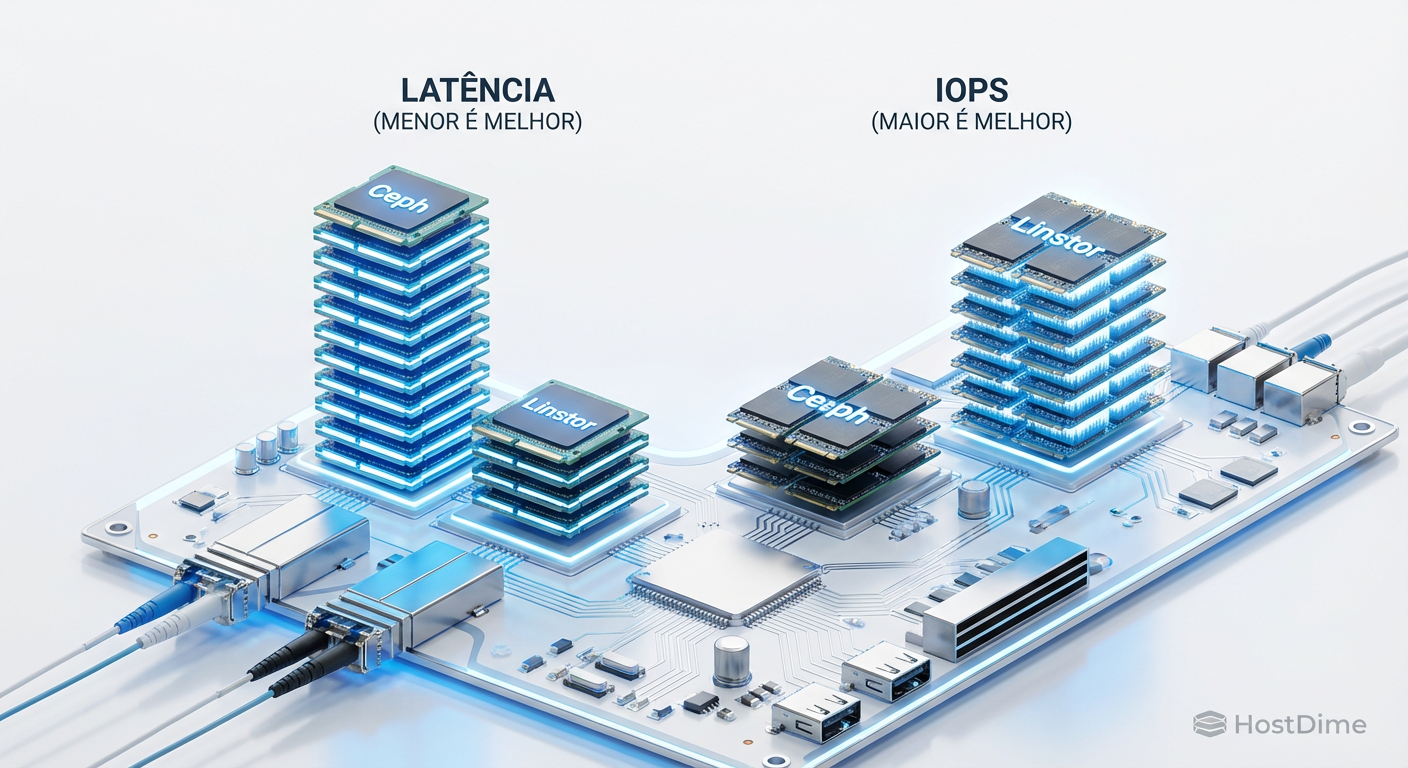 Gráfico de performance: Linstor dominando em baixa latência e altos IOPS em comparação ao Ceph em clusters pequenos.