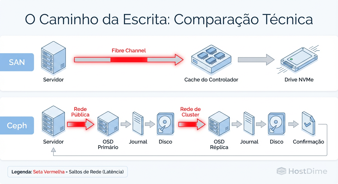 O Caminho da Escrita (Write Path): Visualizando onde a latência se esconde no Ceph comparado à rota direta de uma SAN.