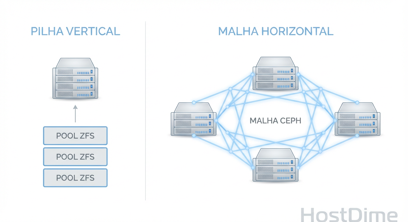 Fig 1. A diferença fundamental: ZFS escala verticalmente (dentro do nó), Ceph escala horizontalmente (entre nós).