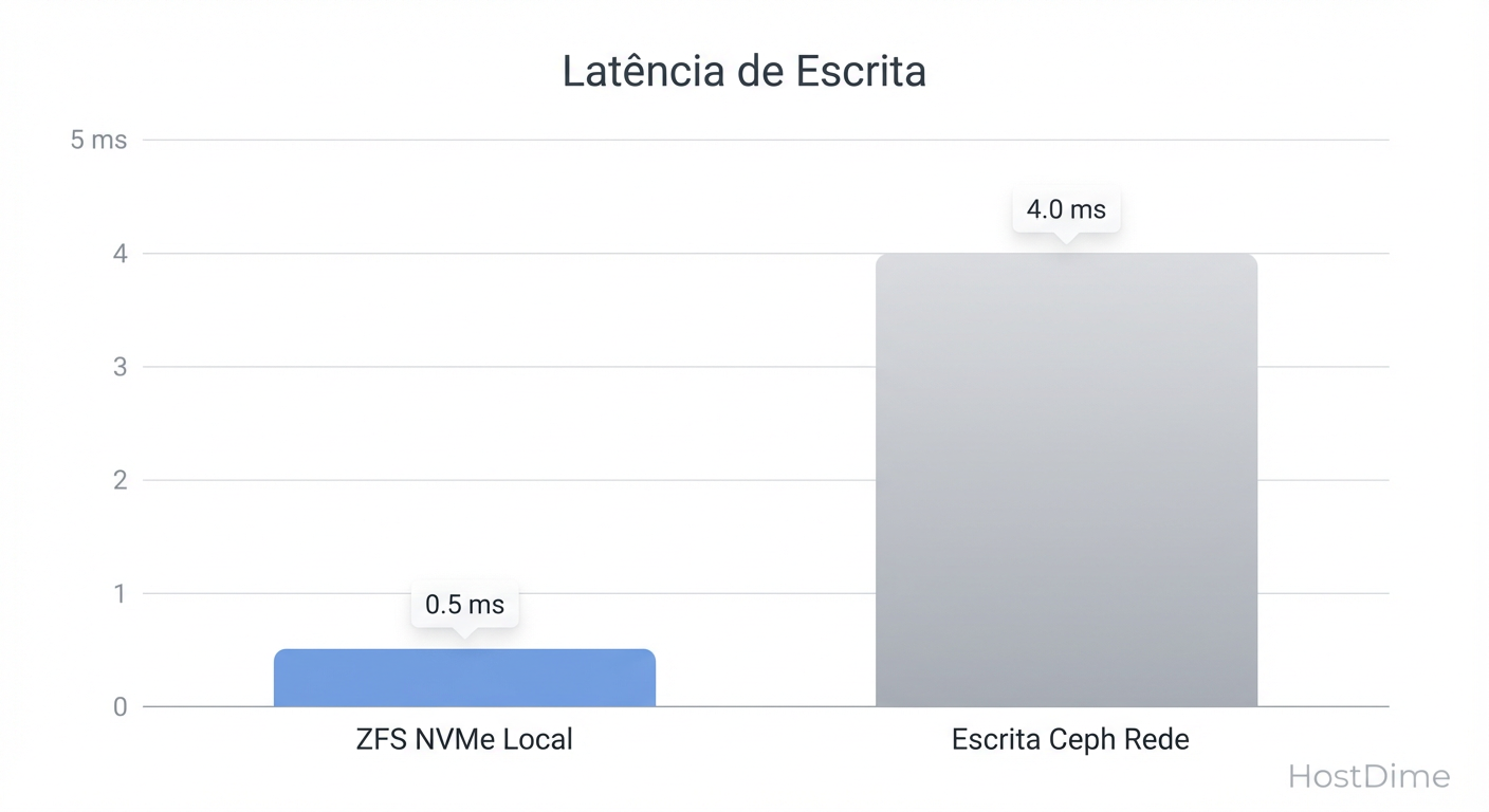 Fig 2. O custo da consistência: Ceph paga um 'imposto de latência' para garantir que os dados existam em 3 lugares ao mesmo tempo.