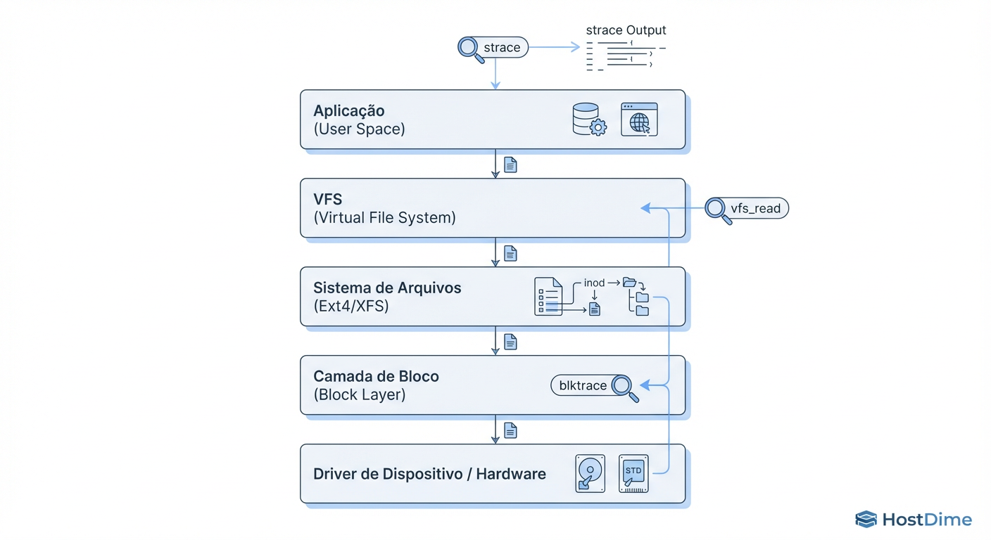 Fig. 1: A anatomia da pilha de I/O no Linux e os pontos de inserção para ferramentas de rastreamento forense.