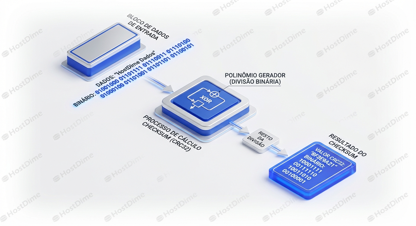 Ilustração do cálculo de um checksum CRC32 para um bloco de dados.