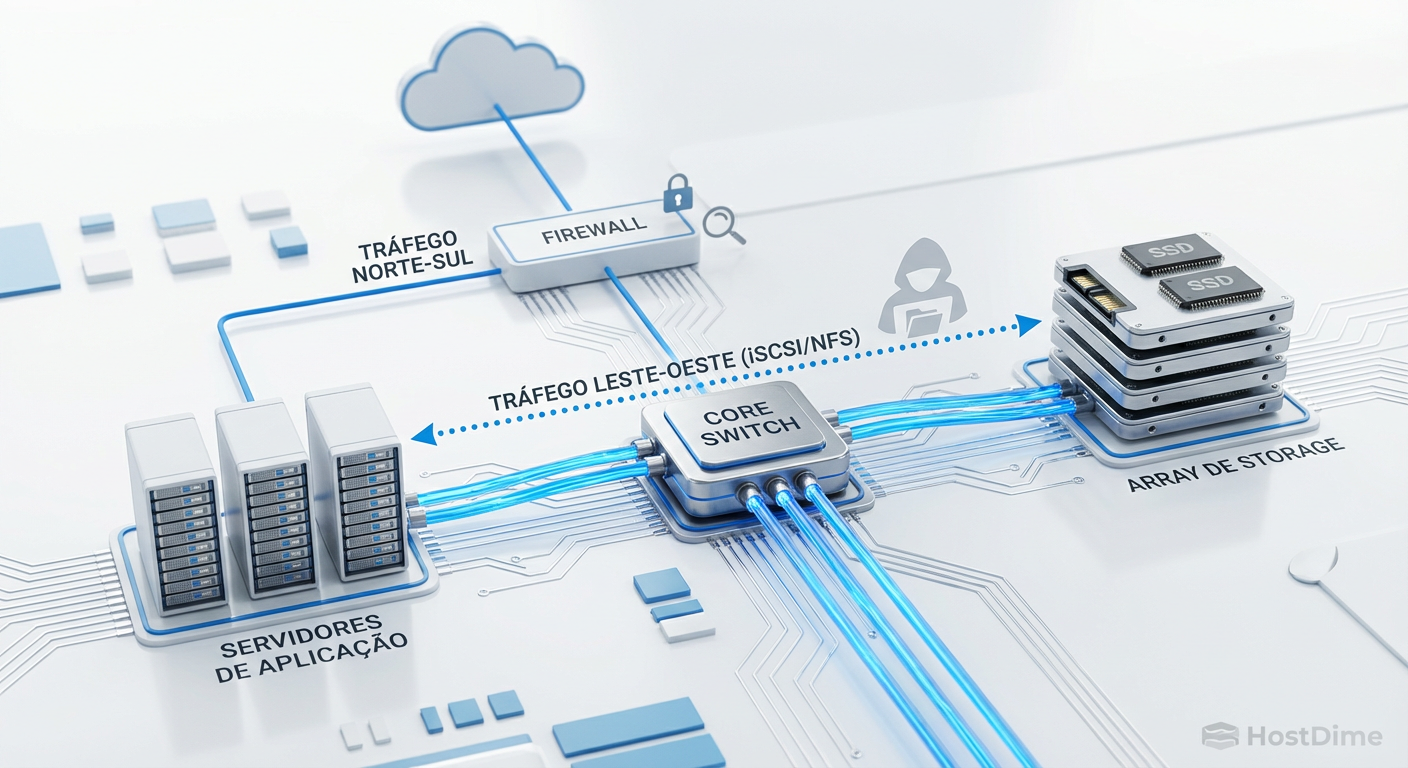 O ponto cego do tráfego Leste-Oeste: enquanto o perímetro é vigiado, a comunicação direta entre servidor e storage frequentemente carece de inspeção profunda.