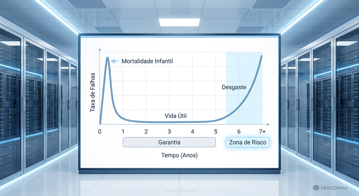 Gráfico da Curva da Banheira demonstrando as três fases de vida de um componente de storage: mortalidade infantil, vida útil estável e a zona de desgaste acelerado após o quinto ano.