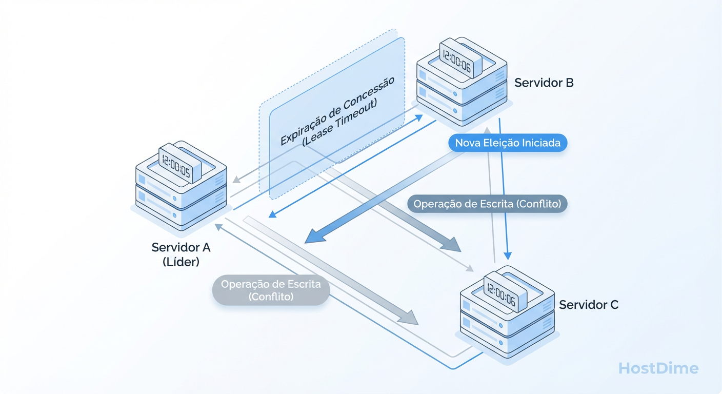 Diagrama de Falha de Consenso: Como o desvio de relógio cria cenários de duplo líder (Split-Brain) ao invalidar timeouts de lease.