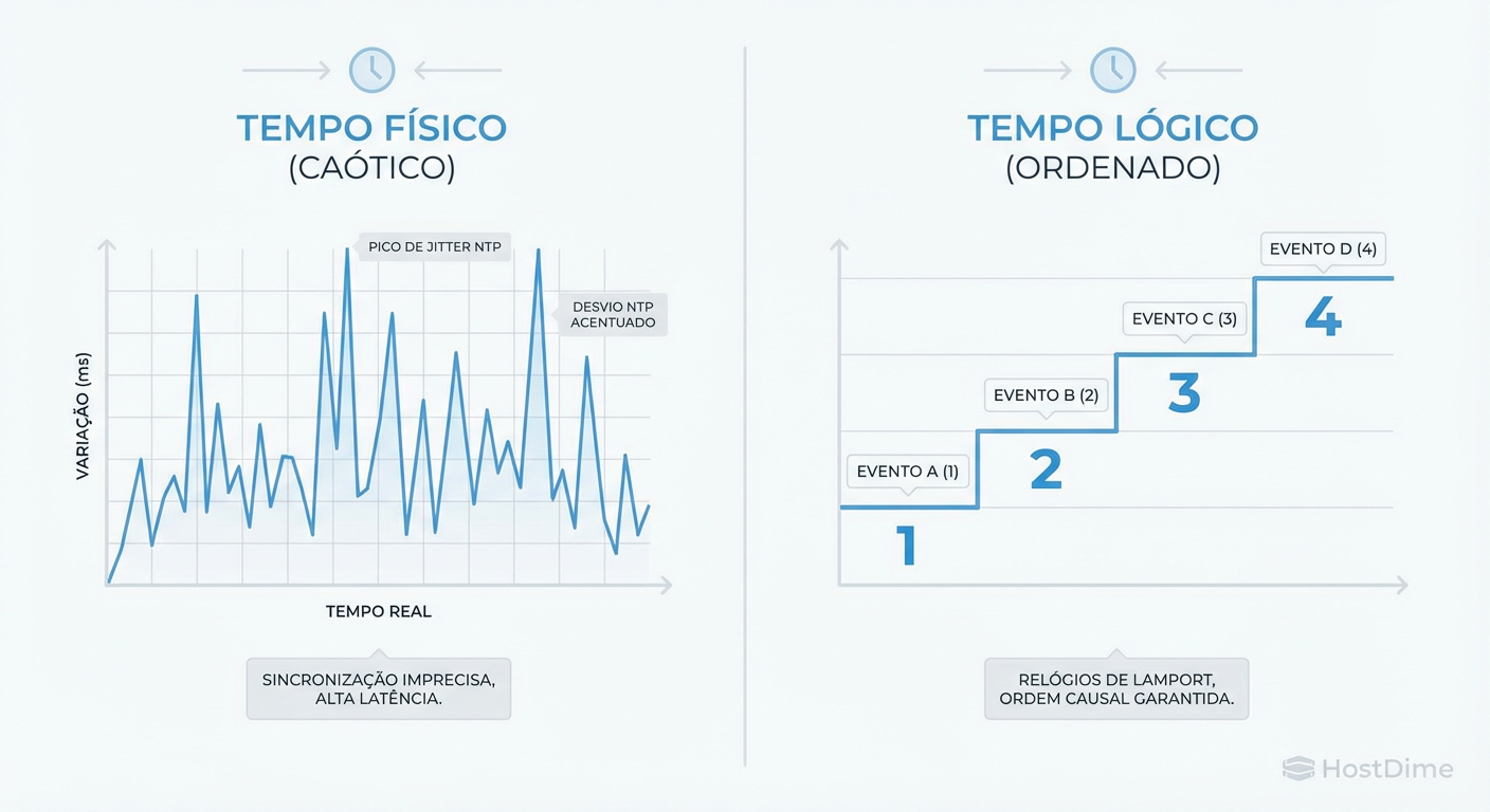 Tempo Físico vs. Relógios Lógicos: A diferença entre tentar sincronizar relógios de quartzo (impreciso) e ordenar eventos por causalidade (seguro).