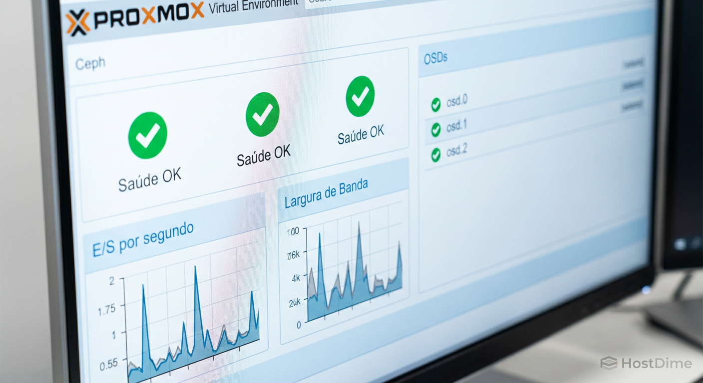 Interface do Proxmox exibindo o painel de status do Ceph com saúde 'OK' e OSDs ativos.