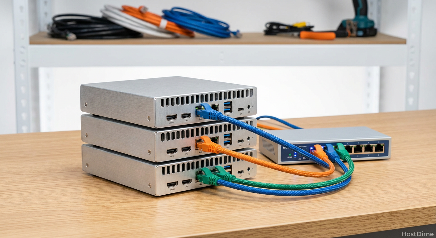 Três Mini PCs empilhados conectados a um switch de rede, ilustrando a base física do cluster.