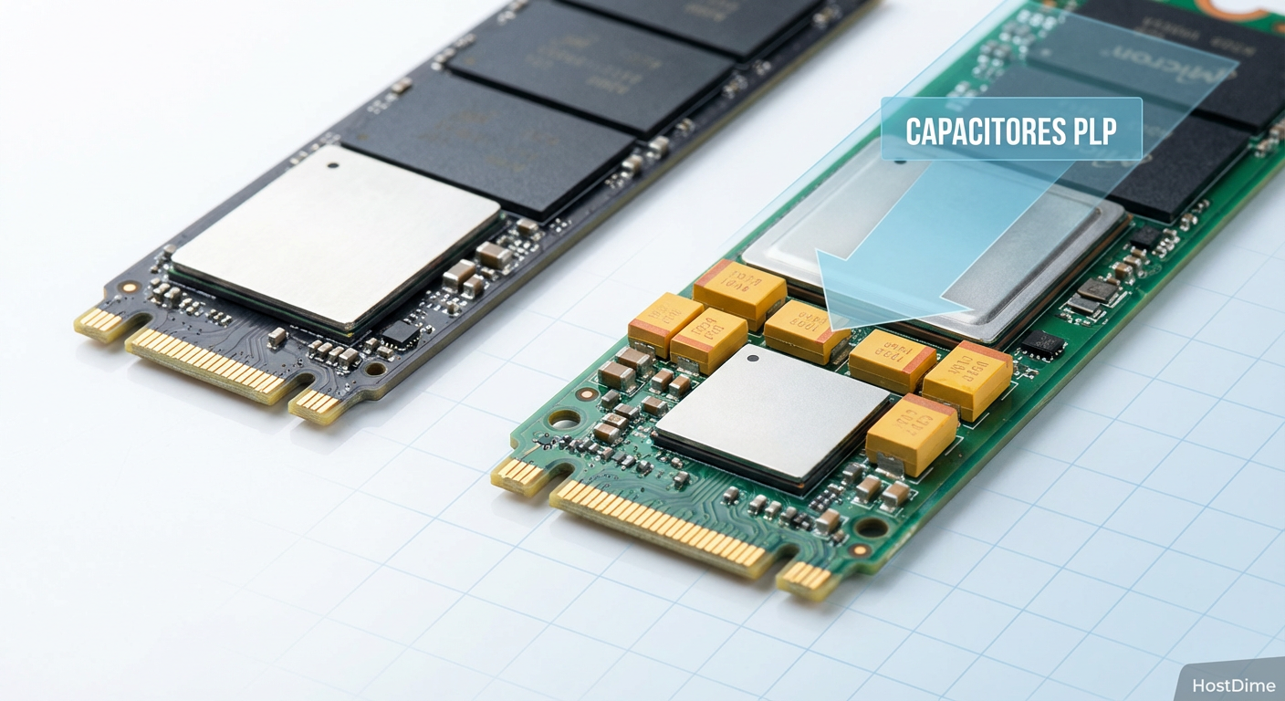 A diferença invisível: Capacitores de PLP em SSDs Enterprise garantem que os dados no cache sejam gravados mesmo se a energia cair, essencial para a performance do Ceph.