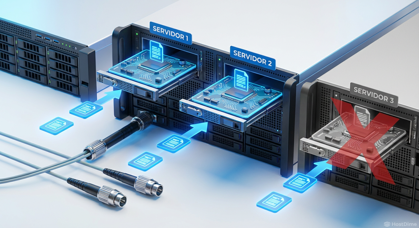 O conceito de Replicação 3/2: O dado existe em três lugares ao mesmo tempo. Se um nó falha, o acesso continua sem interrupção.