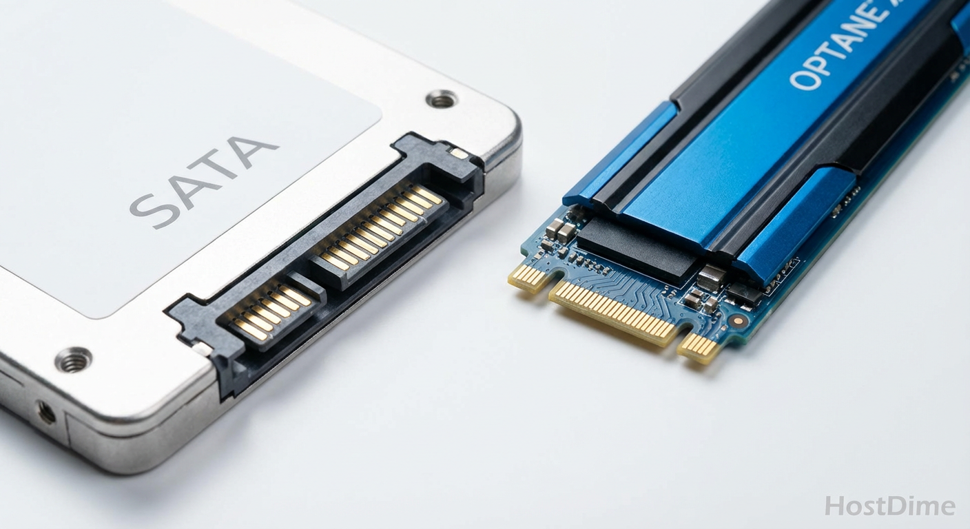 Fig. 3: SATA vs NVMe/Optane. Para metadados, a latência (IOPS) importa mais que a taxa de transferência (MB/s).