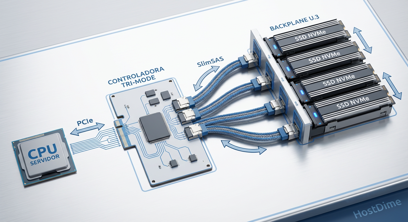 Arquitetura de conexão Tri-Mode: A CPU delega a gestão dos discos NVMe para o processador da controladora (ROC).