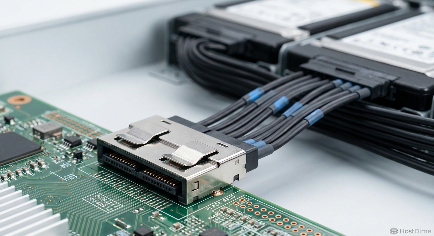 Legenda: Conector SlimSAS x8: O padrão atual para transporte de sinal PCIe Gen 4 em controladoras RAID.