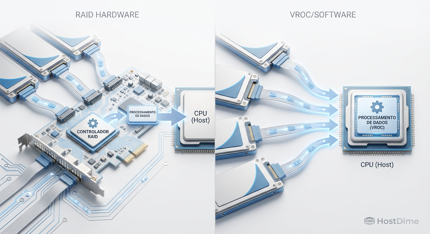 Legenda: Diferença de fluxo de dados: O RAID via Hardware (esquerda) isola a carga de paridade da CPU principal.
