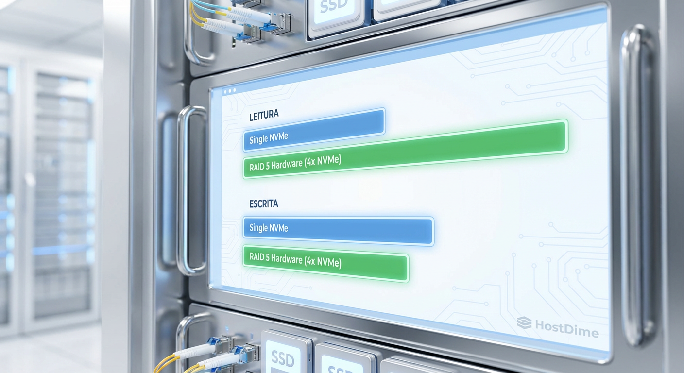 Legenda: Impacto do RAID 5: Note o ganho massivo em leitura agregada, com o custo natural de penalidade de escrita devido ao cálculo de paridade.