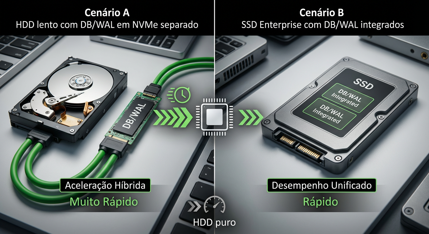 Estratégia de DB/WAL: Acelerar HDDs mecânicos usando uma partição de NVMe para metadados é uma prática comum para ganho de IOPS.