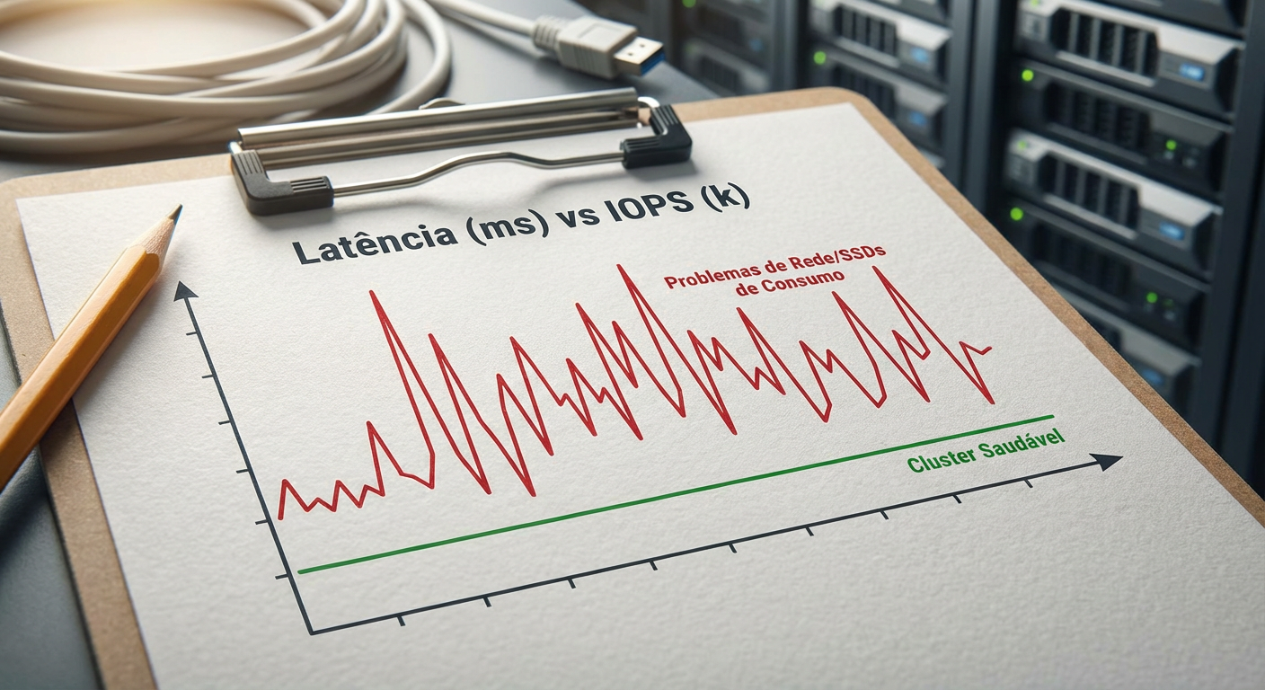 Monitoramento de latência: O indicador vital da saúde do seu storage. Picos acima de 100ms indicam gargalos severos.