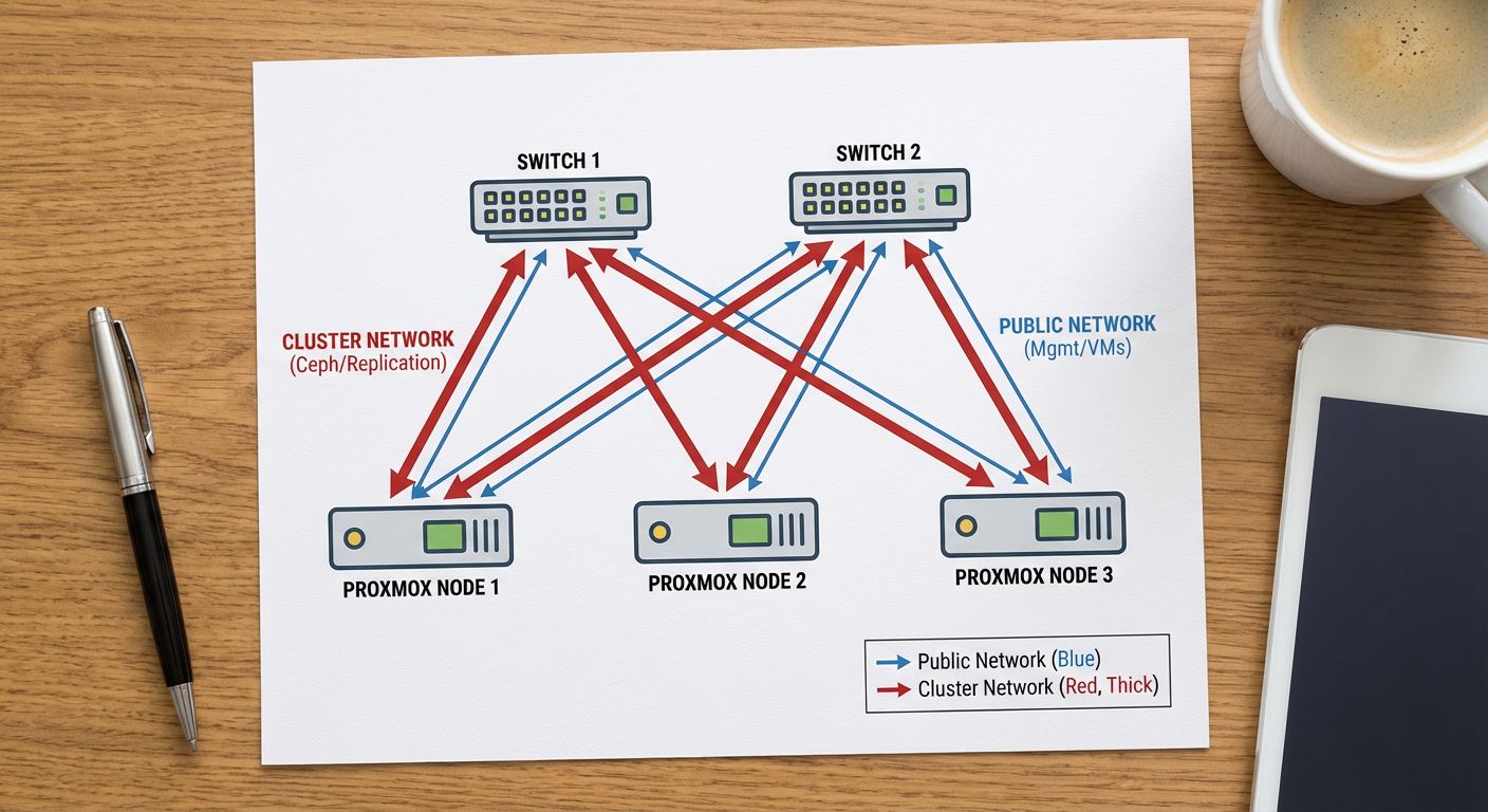 Topologia recomendada: Separação física entre tráfego público e tráfego de replicação (backend).