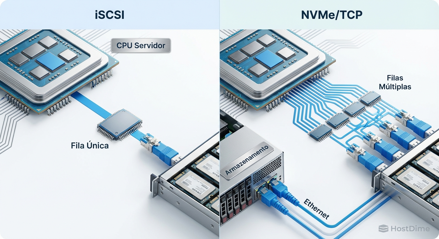 Comparativo arquitetural entre a fila única do iSCSI e as múltiplas filas do NVMe/TCP.