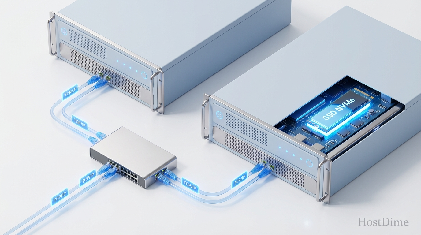 Topologia de rede mostrando o initiator consumindo o disco do target via TCP/IP.