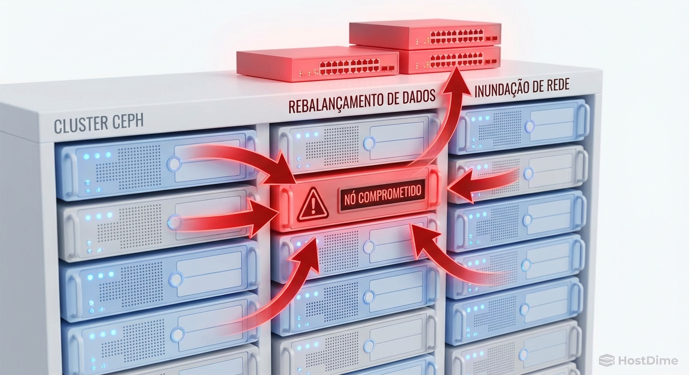 Diagrama ilustrando a tempestade de rede causada pelo rebalanceamento automático do algoritmo CRUSH após a queda de um nó.