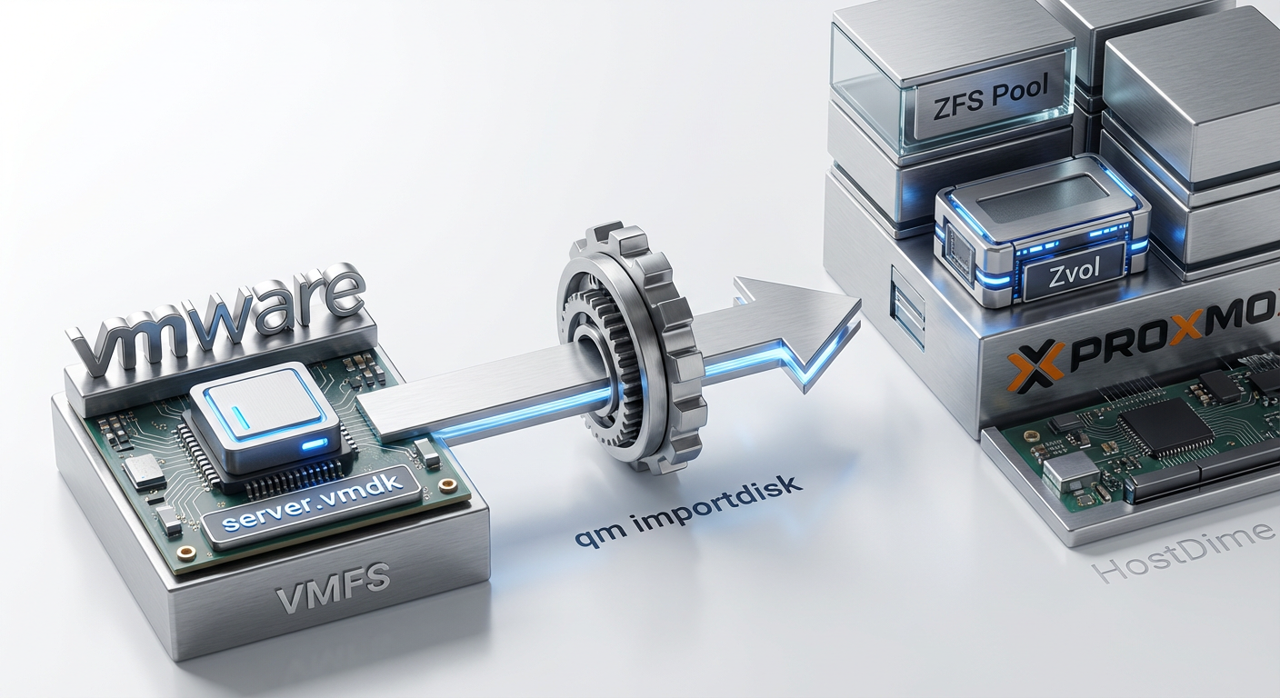 Fluxo de conversão de dados: O arquivo VMDK é processado e seus blocos são escritos diretamente em um volume ZFS (Zvol).