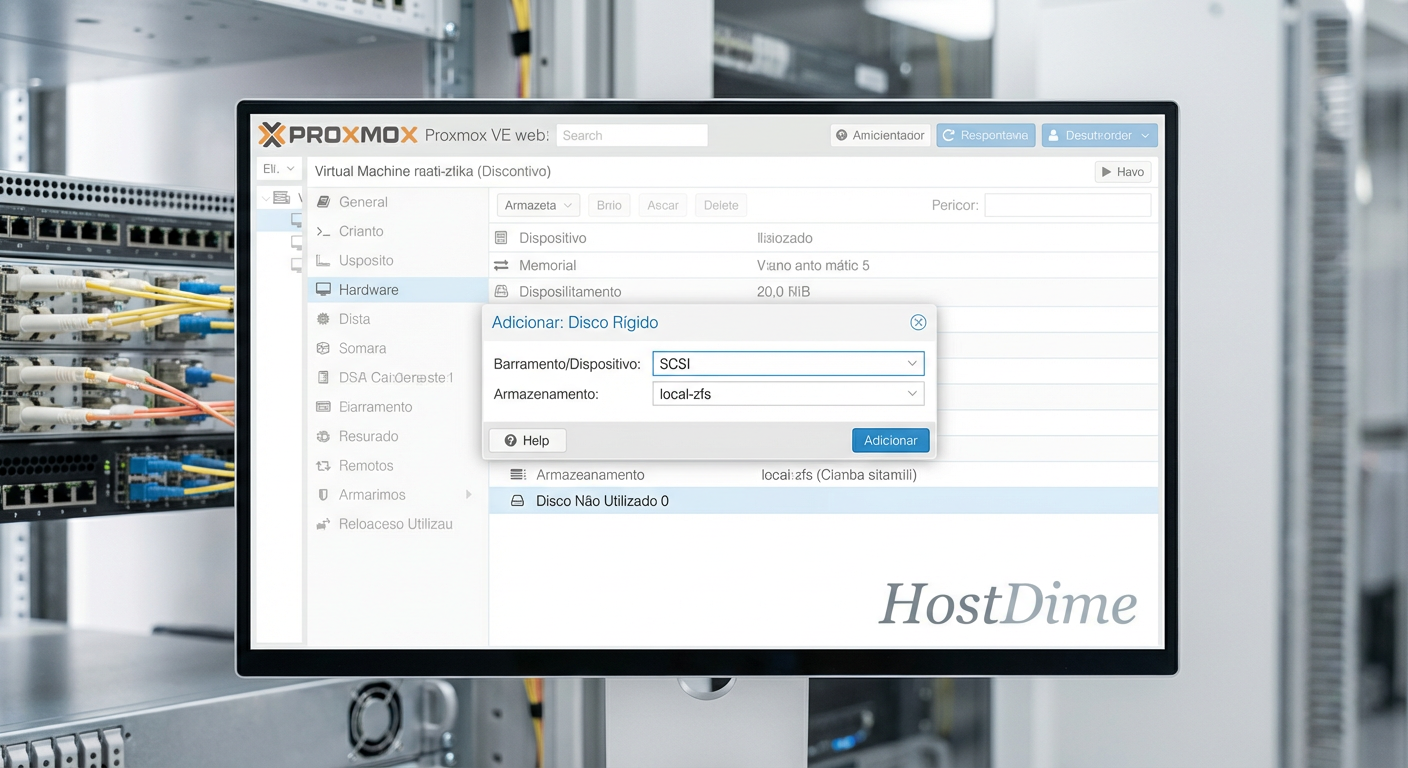 Interface de configuração de Hardware no Proxmox, destacando a seleção do barramento SCSI para o disco recém-importado.