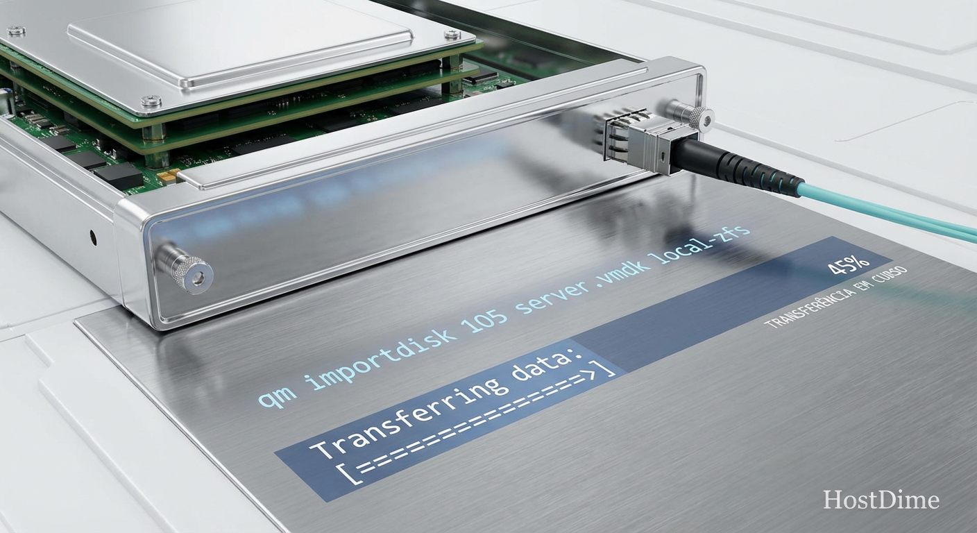 O terminal do Proxmox exibindo o progresso da importação do disco com o comando qm importdisk.