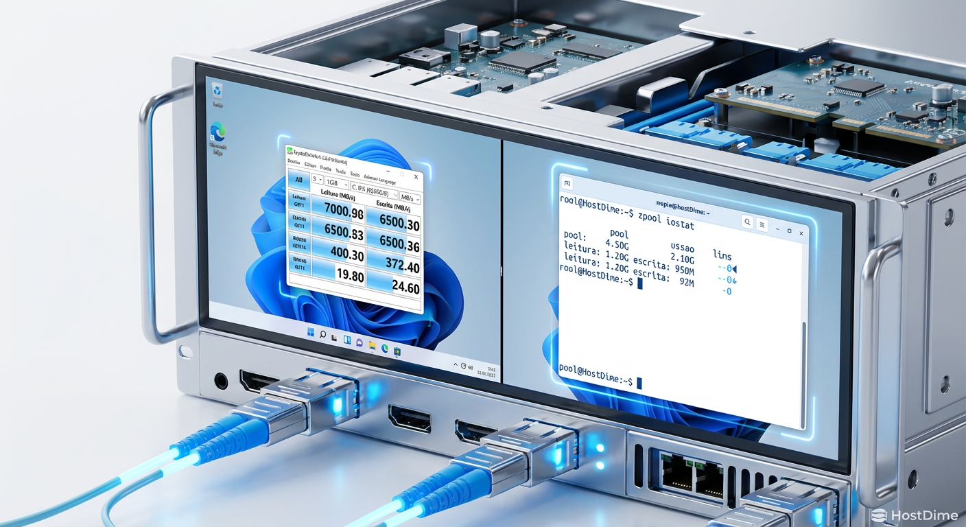 Validação de performance: Teste de benchmark dentro da VM Windows e monitoramento de I/O no host ZFS simultaneamente.