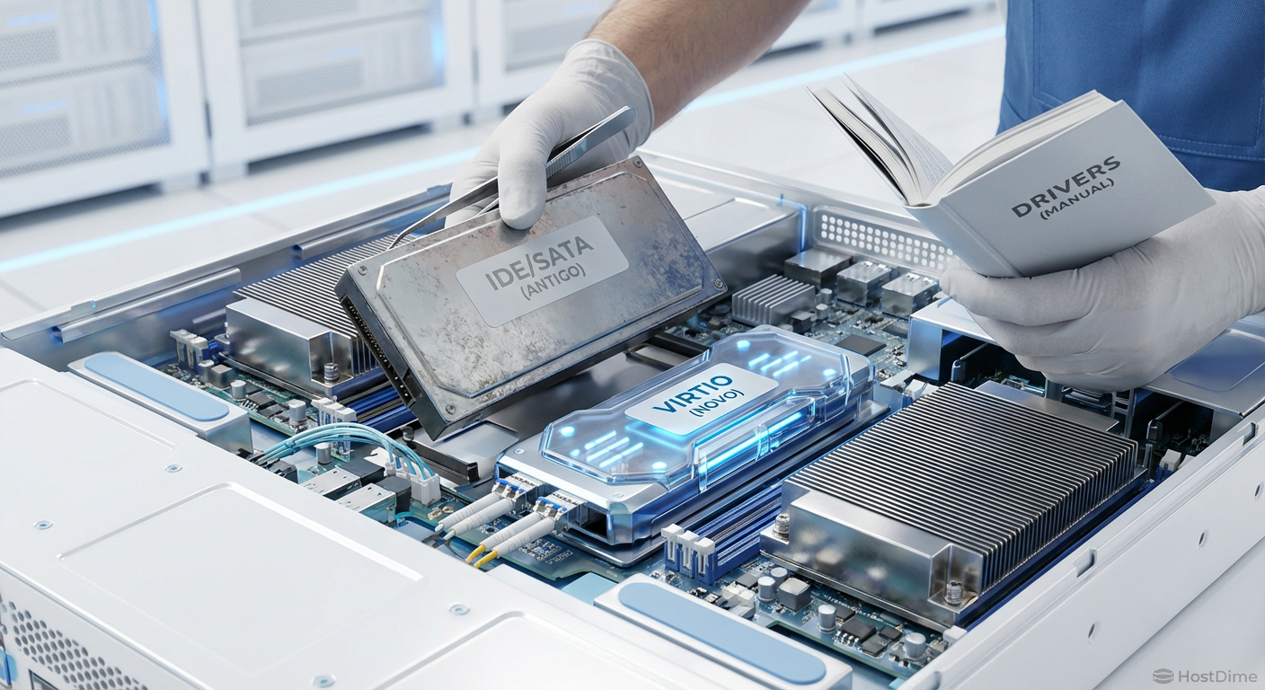 O processo de troca de drivers no Windows para habilitar a performance do VirtIO.