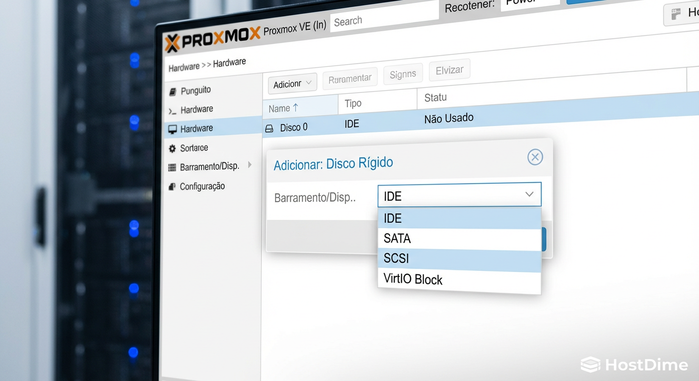 Seleção do barramento de disco no Proxmox: Escolha crítica para compatibilidade de drivers.