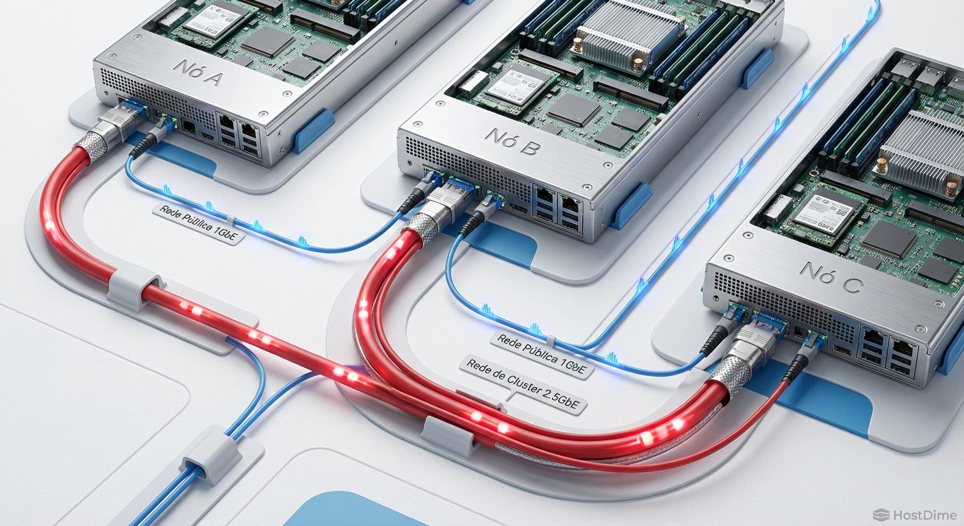 Diagrama lógico separando a rede pública de gerenciamento da rede privada de alta velocidade para o tráfego de armazenamento Ceph.